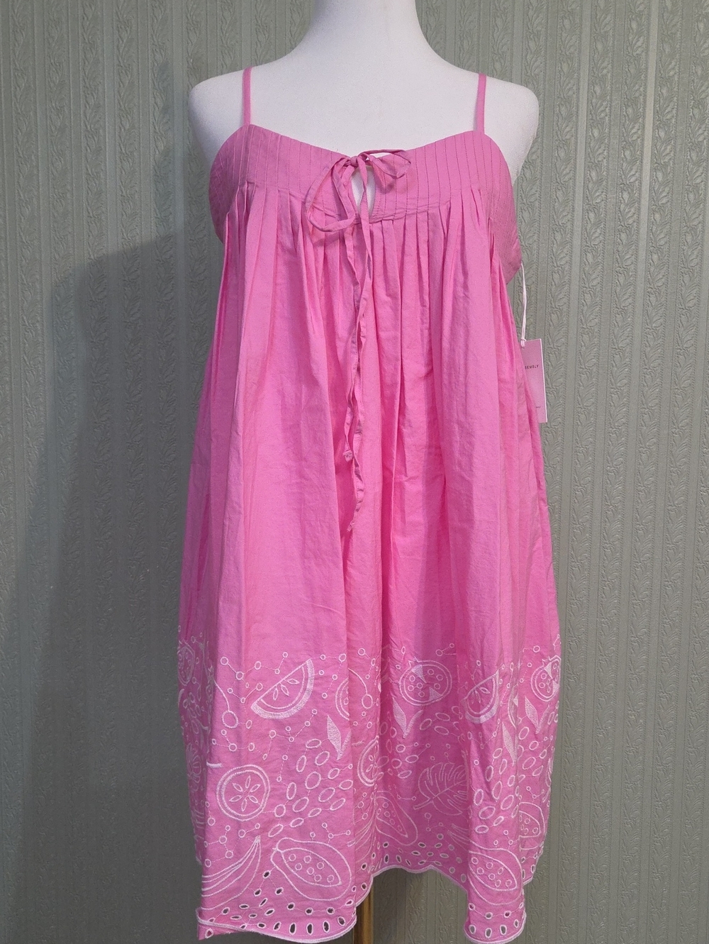 Women's Pink Spaghetti Strap Mini dress with Embroidered Fruit Hem Flowy